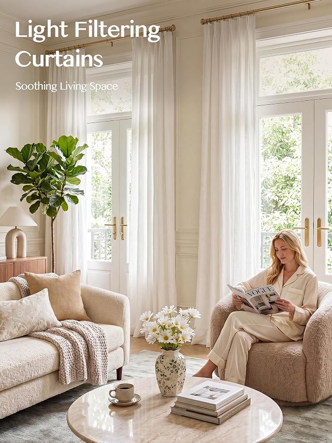 THREE GIRLS Liz Pinch Pleated Linen Curtains 100 Inches Long, Light Filtering Curtains for Living Room, Farmhouse Window Curtains for Bedroom, Modern Drapes with Hooks and Rings, White, 2 Panels Set