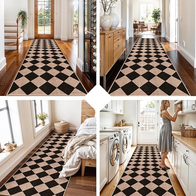 3x10 Runner Rug for Hallways: Washable Non Slip Kitchen Long Jute Runners | Extra Long Carpet for Bathroom Office Laundry Dining Living Room - Durable Floor Mat, Boho Farmhouse Decor (Black/Brown,3x10)