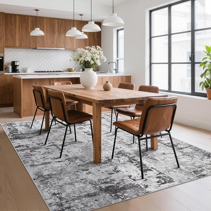 GarveeHome 6x9 Abstract Area Rugs Grey Washable Living Room Bedroom Rug | Soft Low Pile Non Slip Accent Rug for Living Room, Dining Room, Modern Neutral Indoor Carpet