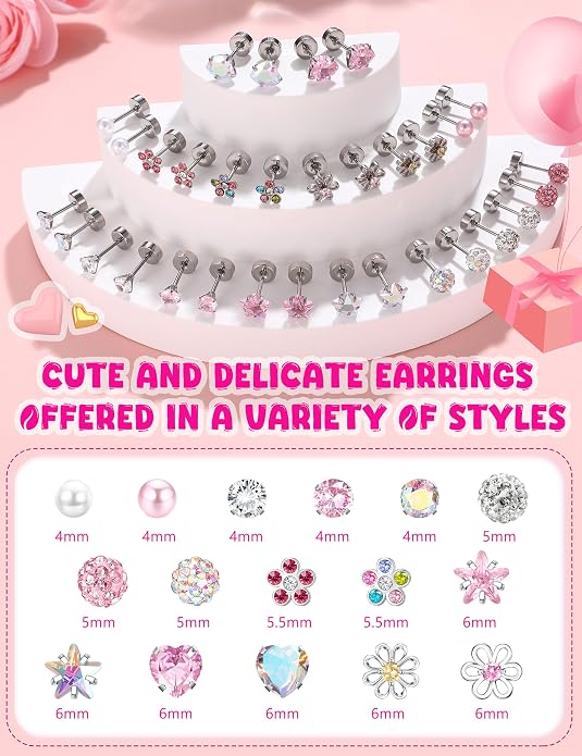 THUNARAZ 16 Pairs Hypoallergenic Earrings for Girls Kids Women Surgical Stainless Steel Earrings for Sensitive Ears Cute Flower Heart Ball Toddler Screw Back Stud Earring Flat Back Earring Set 20G