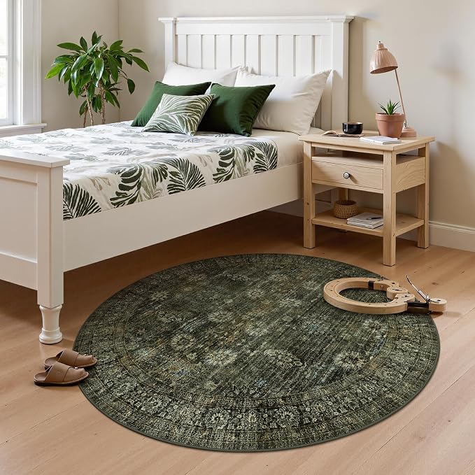 Moynesa Ultra-Thin Washable 5ft Round Rug - Teal 5x5 Circle Rugs for Living Room, Vintage Dining Room Mat Stain Resistant Nursery Carpet for Bedroom Mudroom Kitchen Apartment Home Office