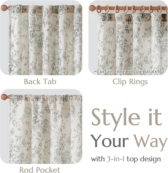 jinchan Gray Floral Linen Curtains Lined 90 Inch Vintage Back Tab 2 Panels | Privacy lining, light filtering drapes, vintage, cottagecore, french country, rustic, bedroom, living room, window treatment