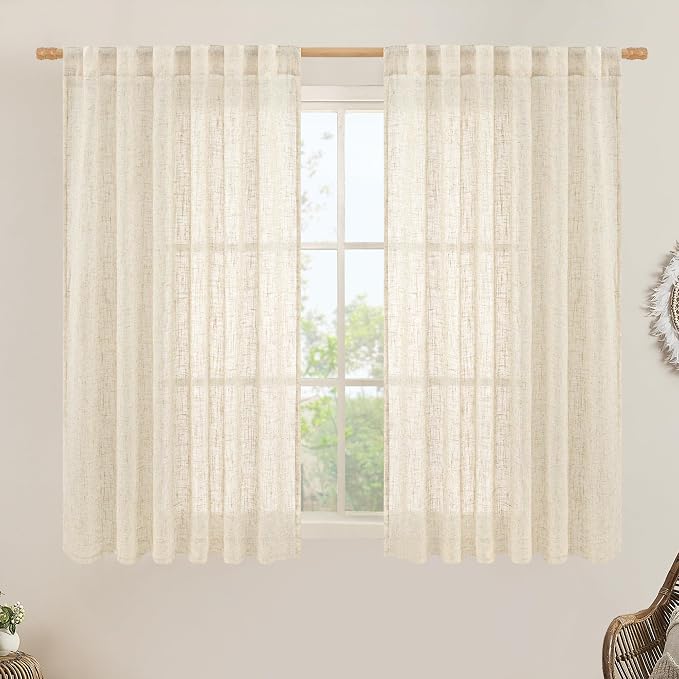 LAMIT Beige Linen Semi Sheer Curtains 48 Inch for Bedroom, Light Filtering Neutral Window Curtains Farmhouse Boho Back Tab and Rod Pocket Panels, 2 Panels, 52 x 48 Inch