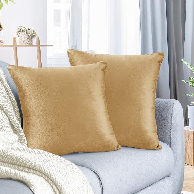 Nestl Throw Pillow Covers, Cozy Velvet Decorative Outdoor Pillow Covers 16 x 16 Inches, Soft Solid Cushion Covers for Sofa, Bed and Car, Set of 2 - Camel Gold