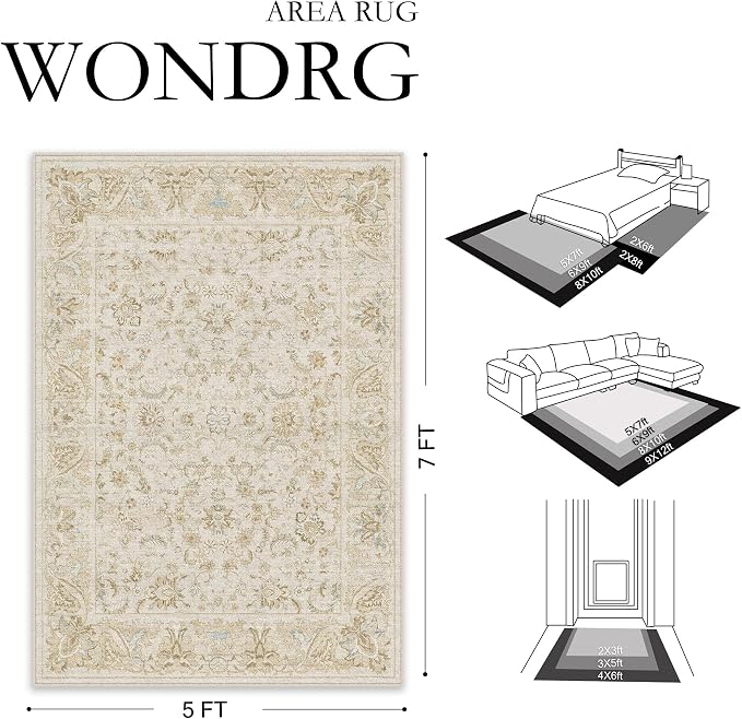 2x8 Beige Washable Runner Rug Non Slip Retro Distressed Carpet | Soft Low Pile, Lightweight Foldable, Pet Friendly, Hallway, Kitchen, Bathroom, Front Door, Beside Bed