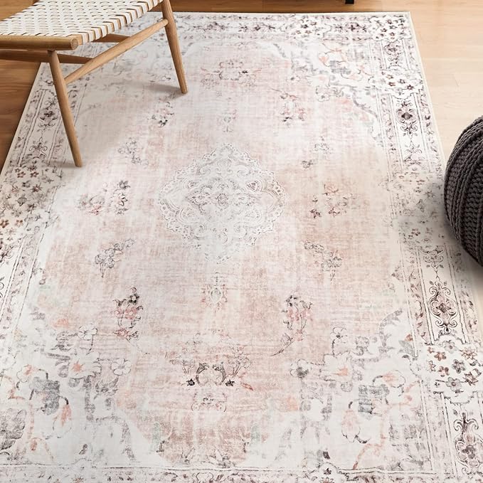 MUJOO Pink Rug 3x5 Washable,Boho Area Rugs Small Non Slip Low-Pile Floral | Machine Washable Throw Carpet for Entryway Bedroom Bedside Kitchen Hallway Living Room Soft Indoor Flowers Light Blush