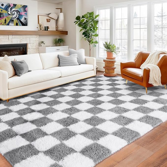 Pionblank 9x12 Area Rug, Large Fluffy Checkered Rugs for Living Room, Shag Rug for Bedroom, Soft Non Slip Shag Carpet for Kids Room Nursery Home Decor, Grey and White