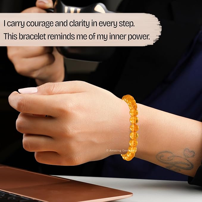 Amazing Gemstone Amber Quartz Bracelet for Women Men's Gifts - Protection Healing Crystal Bracelet - 8mm Gemstone Beaded Adjustable Bracelet Pulseras para Hombres Mujer Stocking Stuffers
