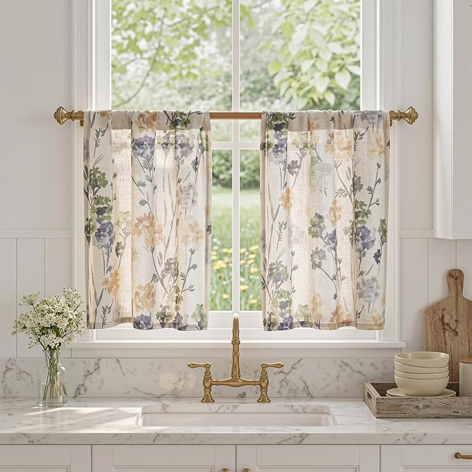 MYSKY HOME Floral Linen Tier Curtains Over Sink 30 Inch Long Set of 2 Light Filtering Privacy Half Window Curtains with Rod Pocket for Kitchen, Cabinet, Basement, Camper, Sage Green, 30" W Each Panel