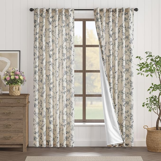 Lazzzy Charlotte Black Floral Lined Linen Farmhouse Curtains 90 Inch Long Back Tab Drapes for Living Room Bedroom Light Filtering Vintage Rod Pocket, 2 Panels, Black on Beige