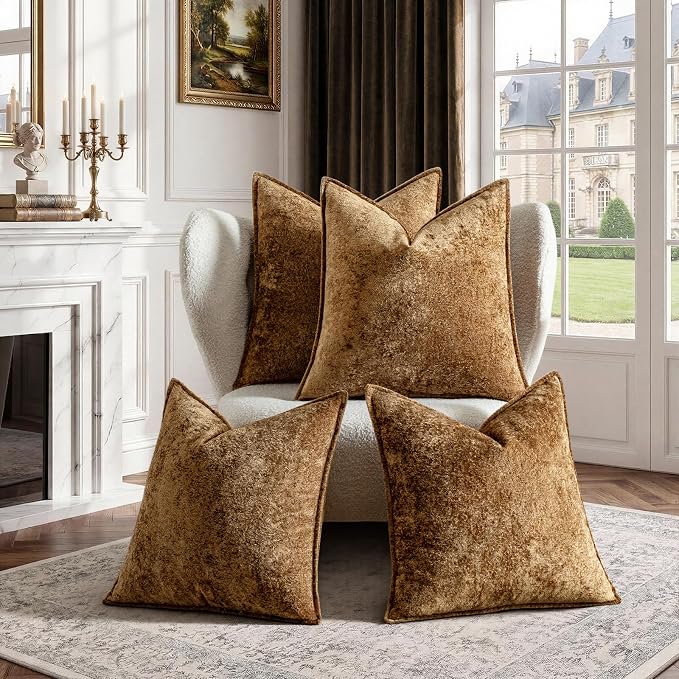 a moment Throw Pillow Covers 26X26 Inch 4 Packs,Soft Velvet Decorative Pillow Cases with 3D Ice Flower,Texture Modern Accent Cushion Covers for Sofa Couch Home Decor Golden Brown