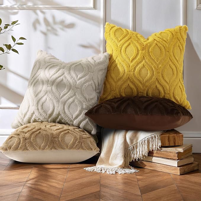decorUhome Beige Yellow Faux Fur Soft Throw Pillow Covers 20x20 Set of 4 | Fall Neutral Decorative Plush Couch Pillow Covers, Accent Modern Farmhouse Neutral Pillow Cases for Sofa Bed Living Room