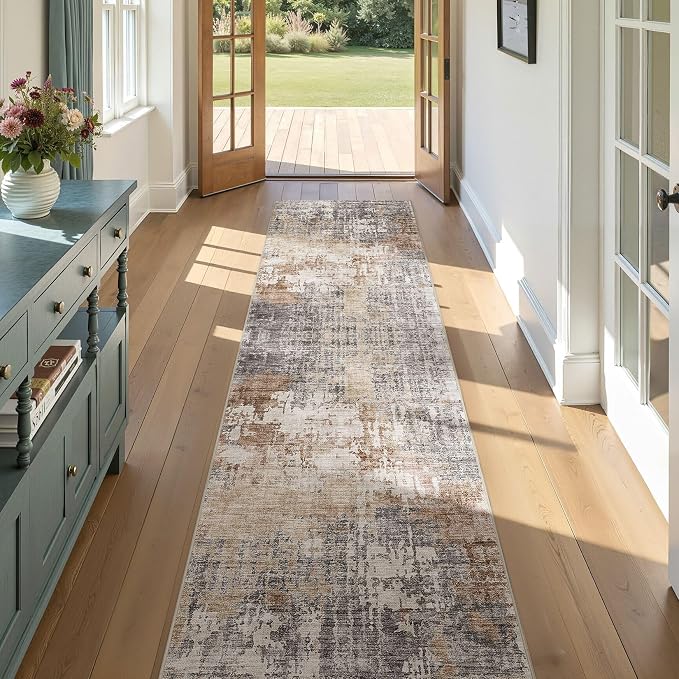 DMOYEST Washable Runner Rug for Hallway: 2.6x12 Neutral Modern Abstract Low Pile Area Rug with Non-Slip Backing - Carpet for Bedroom Kitchen Laundry Entryway Bathroom Indoor - Grey Brown