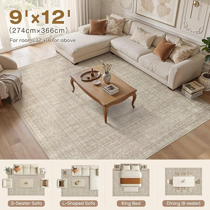 Nakagishi 9x12 Area Rugs Living Room: Washable Large Vintage Rug Neutral Non-Slip Soft Stain Resistant Indoor Carpet for Bedroom Nursery Dining Room Office Playroom - Brown