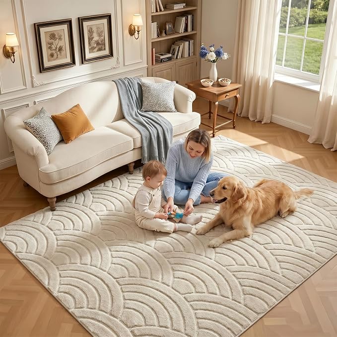 SHACOS Soft Cozy Fluffy Arch Waves Pattern High-Low Textured Area Rug 4'x6' | Non Slip Washable Minimalist Modern Graphic Rainbow Carpet for Living Room Bedroom Bathroom Dining Room, Cream