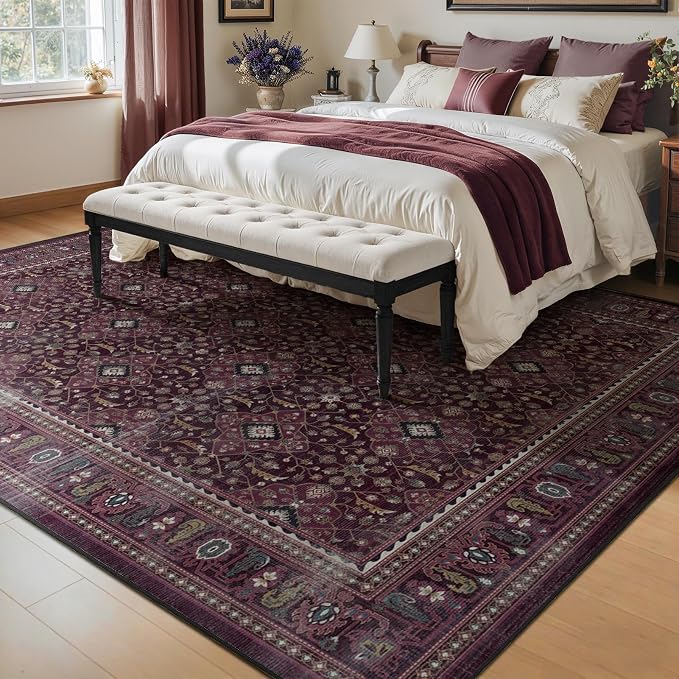 Fig Washable Area Rugs 8x10 for Living Room, Earth Tone Dark Academia Bedroom Rug with Vintage Boho Floral Trellis Pattern, Non Slip Ultra Thin Carpet Rug for Dining Room/Guest Room/Home Office