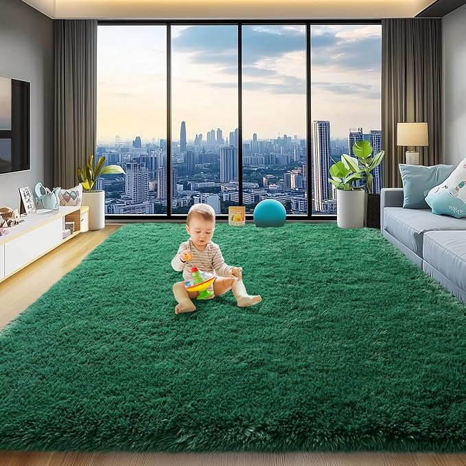 qulint 8x10 Area Rug for Living Room, Dark Green Fluffy Rug for Bedroom | Shag Shaggy Large Carpet, Plush Fuzzy Modern Rug for Dorm Kid Room Playroom Classroom Christmas Home Decor