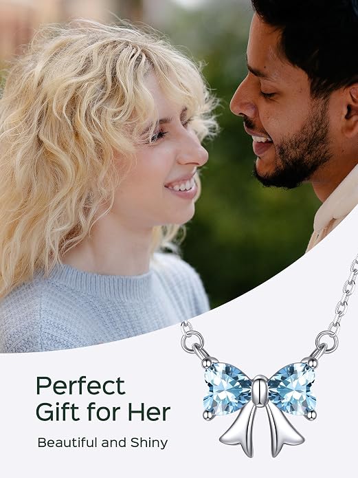 ChicSilver Bow and Cat Birthstone Necklace, 925 Sterling Silver Pendant Necklaces for Women, Hypoallergenic Silver Choker with 16 inch Rolo Chain, 12 Months Jewelry for Valentines Mothers Day Christmas