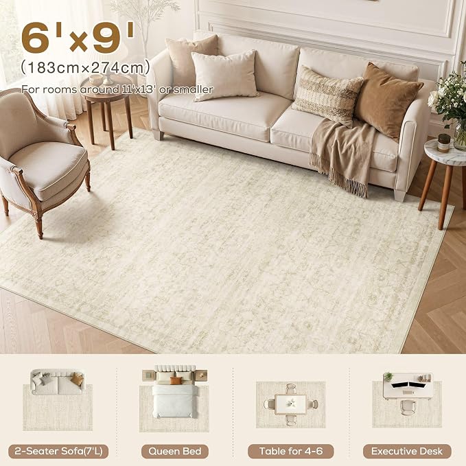 Nakagishi 6X9 Area Rugs Living Room: Washable Large Vintage Rug Neutral Non-Slip Soft Stain Resistant Indoor Carpet for Bedroom Nursery Dining Room Office Playroom - Vintage Beige