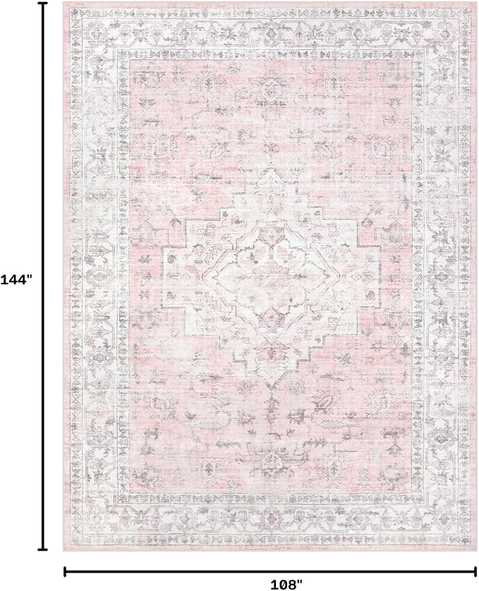 LIVEBOX Pink 9x12 Area Rug for Bedroom Girls, Boho Washable Rugs for Living Room Nursery, Non-Slip Indoor Soft Carpet Low-Pile Farmhouse Carpets for Dining Room Kids Playroom, Pink