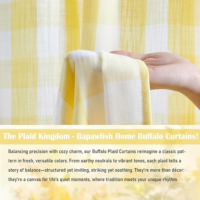 Yellow White Buffalo Plaid Semi Sheer Curtains 63 Inches Length | Farmhouse Window Treatment Bedroom Nursery Room,Short Checkered Drapes,Yarn Dyed Fabric,Rod Pocket,40"Wx63"Lx2