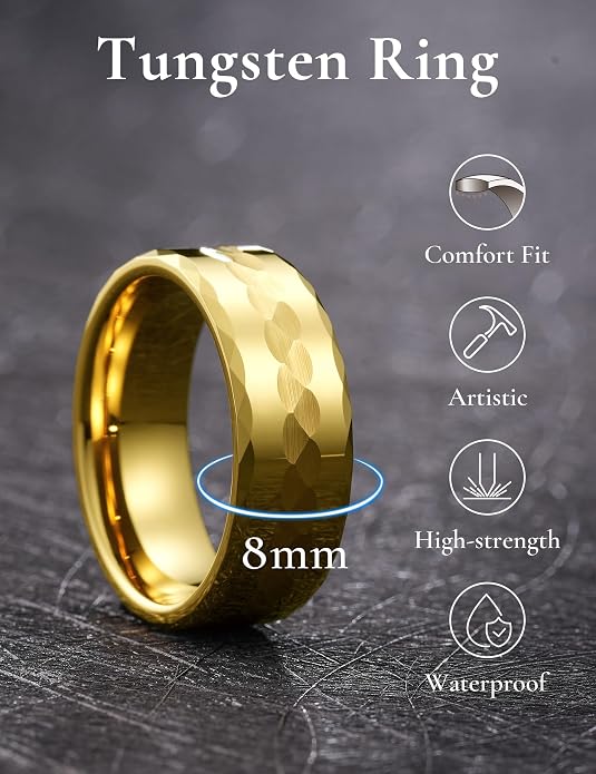 King Will Hammered 8mm Silver Tungsten Ring Hammer Men Wedding Band Comfort Fit