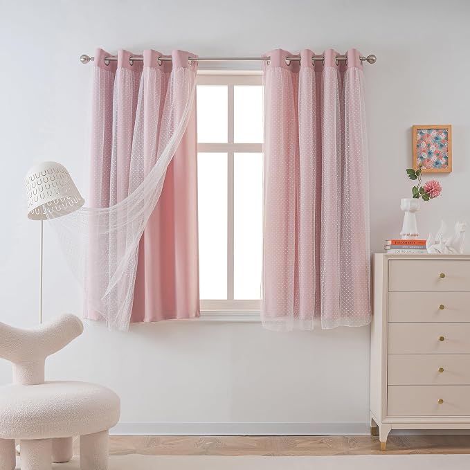MYSKY HOME Pink Blackout Curtains for Small Windows 54 Inch Long Girls Nursery Kids Bedroom Short Blush Princess Curtains with Polka Dots Sheer, Grommet Tops, 52" Wide, 2 Panels