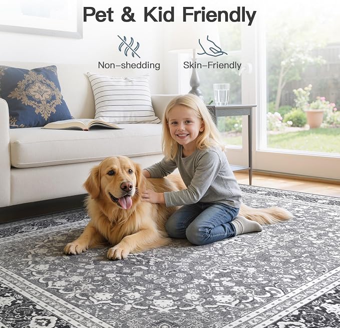 Lofus 5x7 Area Rugs for Living Room, Machine Washable Non-Slip Area Rug, Low Pile Large Rugs for Bedroom, Kitchen, Dining Room, Home Office, Vintage Oriental Print Rug, Light Grey with White