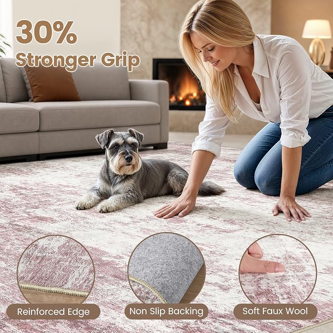 Washable 5x7 Area Rug for Living Room - Modern Abstract Carpet with Non-Slip Backing, Low Pile & Soft, Stain Resistant, Kid & Pet Friendly Decor for Bedroom & Dining Room - Pink