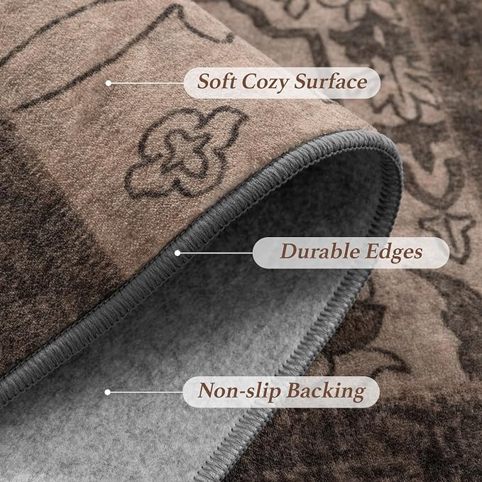LIANLAM 2x6 Washable Runner Rug for Hallway&Kitchen,Non-Slip Long Carpet with Vintage Boho Checkered Design,Ultra-Thin Low Pile,Stain Resistant Easy Clean Floor Mat for High Traffic Areas(2x6,Brown)