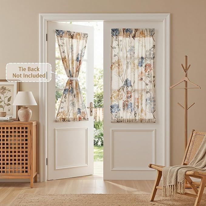 MYSKY HOME Floral Linen French Door Curtains 40 inch Long Set of 2 for Front Door - Light Filtering Privacy Semi Sheer Window Curtains with Rod Pocket, Yellow, 24" W Each Panel