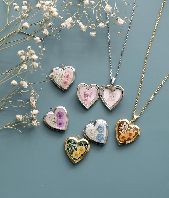 Handmade Heart Shaped Dried Pressed Forget Me Not Flower Photo Locket Pendant Necklace