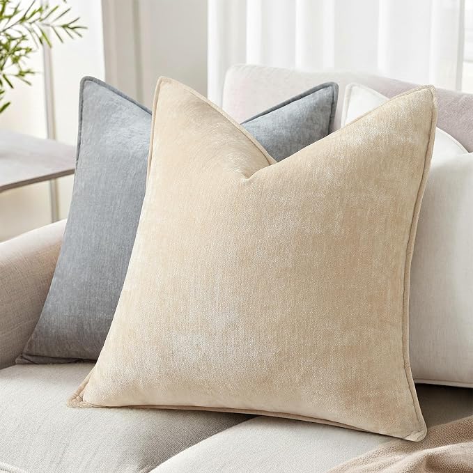 decorUhome Chenille Beige Velvet Throw Pillow Covers 16x16 Set of 2 | Fall Soft Couch Decorative Modern Farmhouse Pillow Cases with Elegant Design for Sofa Bed Living Room Home Decor
