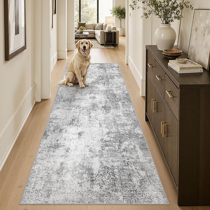 Washable Runner Rug 3x8, Non Slip Neutral Area Rug for Hallway | Modern Abstract Carpet, Stain Resistant and Kid & Pet Friendly, Made for Kitchen, Bedroom, Entryway, Laundry, Kitchen - Gray