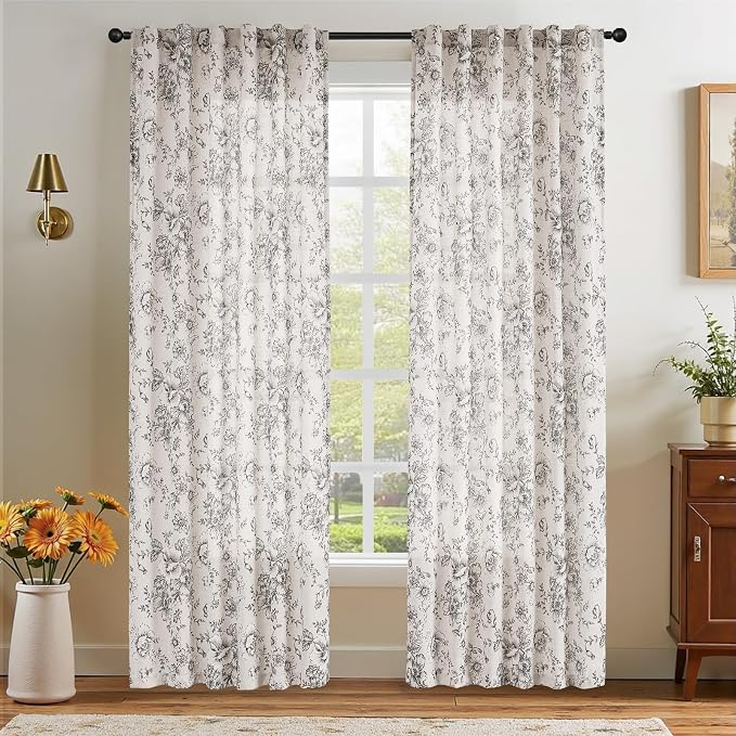 jinchan Black Floral Linen Curtains 84 Inch Farmhouse Back Tab 2 Panels | Light filtering drapes, semi sheer, farmhouse, cottagecore, rustic, living room, bedroom, rod pocket, window treatment