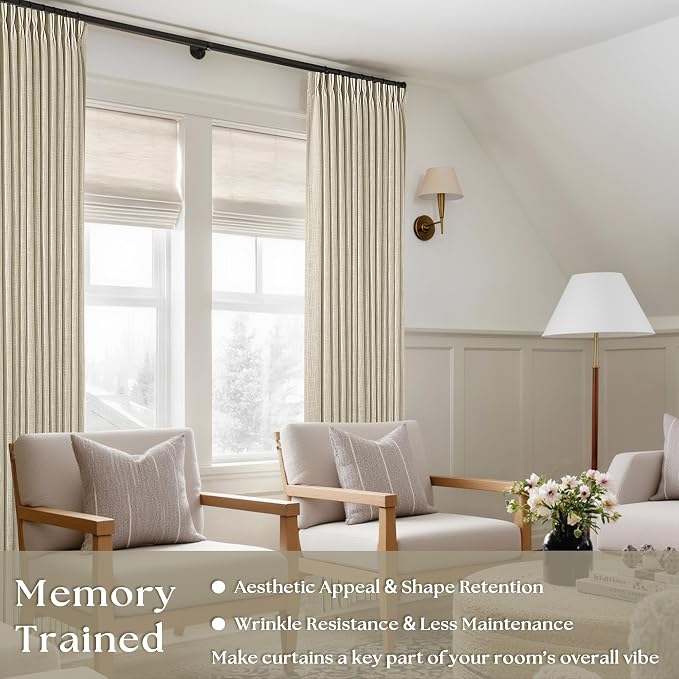 TWODRAPES Linen Pinch Pleated Linen Curtains 2 Panels for Living Room Bedroom Memory Training Shaped Semi Sheer Pleat Drapes with Hooks Rings Light Filtering Window Curtain 40x80
