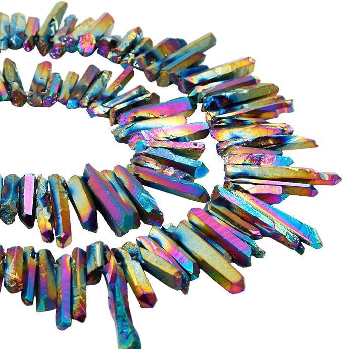 SUNYIK Rainbow Titanium Coated Crystal Points Quartz Rough Sticks Spikes Point Beads 15 inch Strand Drilled