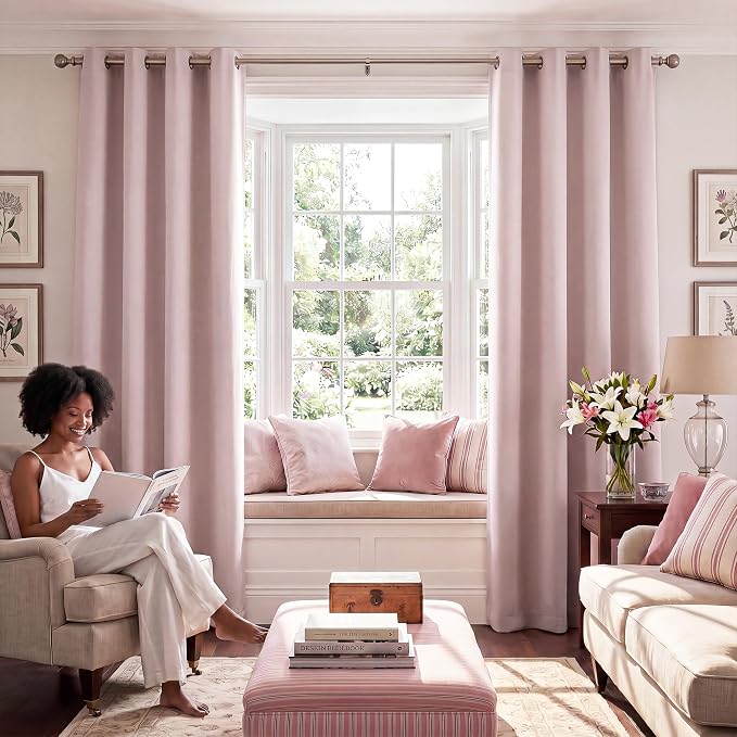 NICETOWN 100% Blackout Window Curtain Panels 84" Long, Blush Pink, 2 Pieces, 52 inches Wide Each Panel, Heat and Cold Blocking Drapes with Black Liner for Nursery, Thermal Insulated Draperies