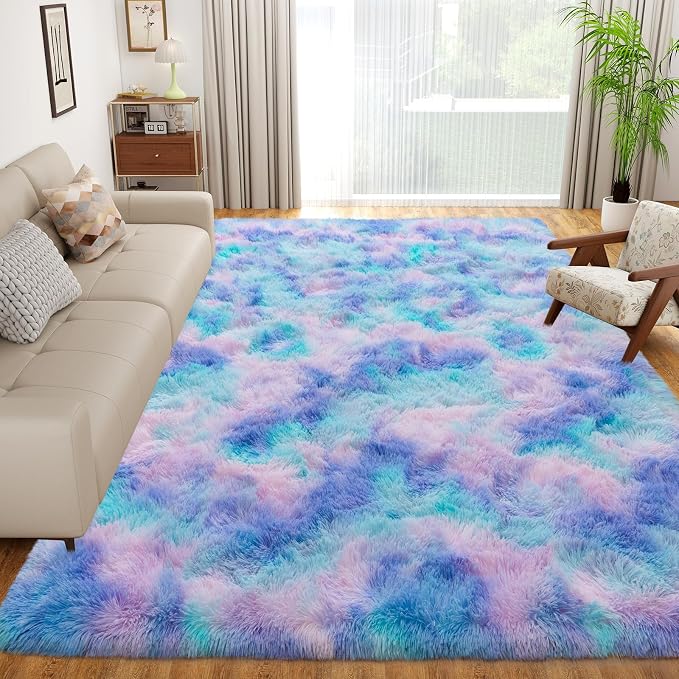 Dssimo Cute Furry Purple Rainbow Rugs for Bedroom Girls Room Decor | Upgrade Non-Slip Large 6x9 Area Rugs for Kid Room, Playroom Nursery Dorm Home Decor, Plush Mermaid Kawaii Rug Fluffy Carpet