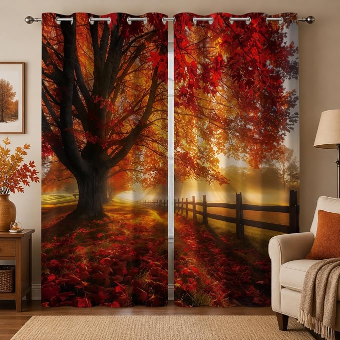 Red Maple Forest Window Curtains 52 x 63 in, Fall Landscape Drapes with Autumn Trees and Sunrise Scene, Woodland Curtains for Living Room Bedroom