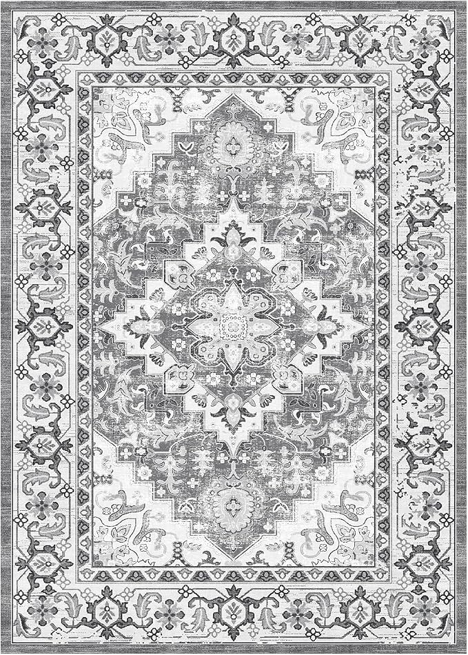 Lessymo 2 x 3 Entryway Rug - Machine Washable Area Rugs Boho Faux Wool Low Pile Area Rug for Bedroom, Floral Medallion Vintage Outdoor Rugs with Non-Slip Rubber,Grey Beige