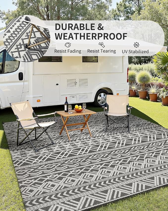 MontVoo-Outdoor Rug Waterproof 6x9 ft Outdoor Carpet Patio Rug Mat Reversible RV Camping Rug-Plastic Straw Rug Outside Outdoor Area Rug for Patio Deck Balcony Backyard Picnic Beach -Boho Grey