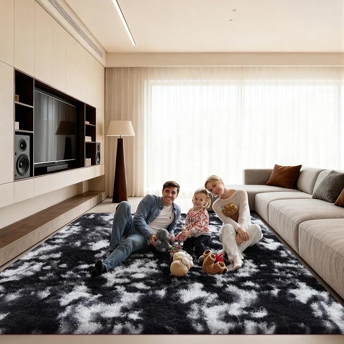 8x10 Area Rugs for Living Room, Large Fluffy Rugs for Bedroom, Fuzzy Shag Soft Non-Slip Carpet for Kids Girls and Boys Nursery Dorm Indoor Room Home Decor (8ft X 10ft, Black and White)