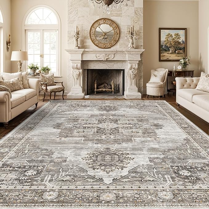 Living Room 10x14 Area Rugs - Washable Lightweight Area Rug Stain Resistant Carpet Vintage Soft Rugs for Bedroom with Non Slip Backing Indoor Ultra-Thin Rugs Home Decor 10x14 Grey
