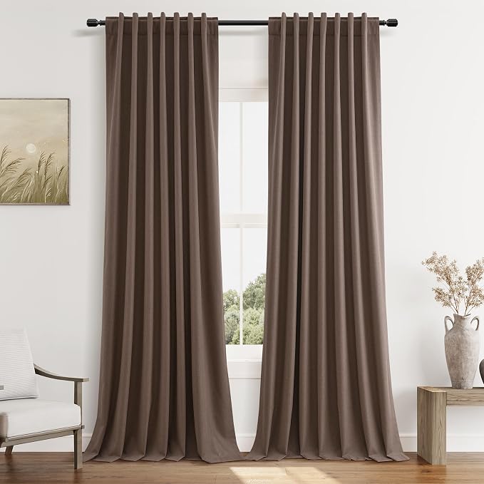 Guken 100% Blackout Curtains 84 Inch Length 2 Panels Set for Living Room Bedroom Back Tab Thermal Insulated Black Out Linen Drapes Room Darkening Mocha Mousse,52x84