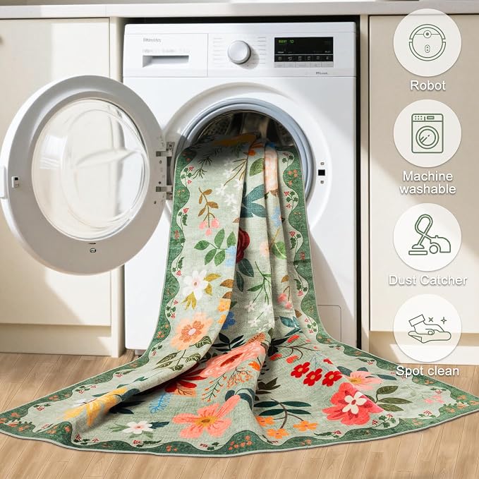Area Rug Living Room Rugs: Floral 3x5 Washable Rug Vintage Soft Boho Non-Slip Carpet Indoor Floor Stain Resistant Large Carpets for Bedroom Dining Room Farmhouse Nursery Hallway Green