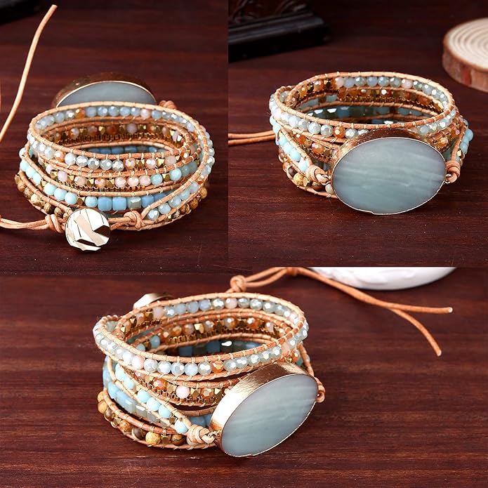 Plumiss Women Boho Handmade Natural Stone Crystal Leather Bead Wrap Bracelets Collection