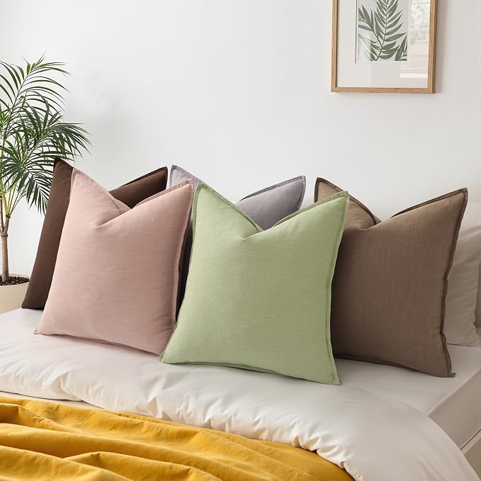 decorUhome Fall Light Brown Linen Throw Pillow Covers 22x22 Set of 2 | Decorative Soft Cozy Modern Farmhouse Boho Accent Pillow Cases with Flange Edges for Couch Bed Sofa Living Room Home Decor