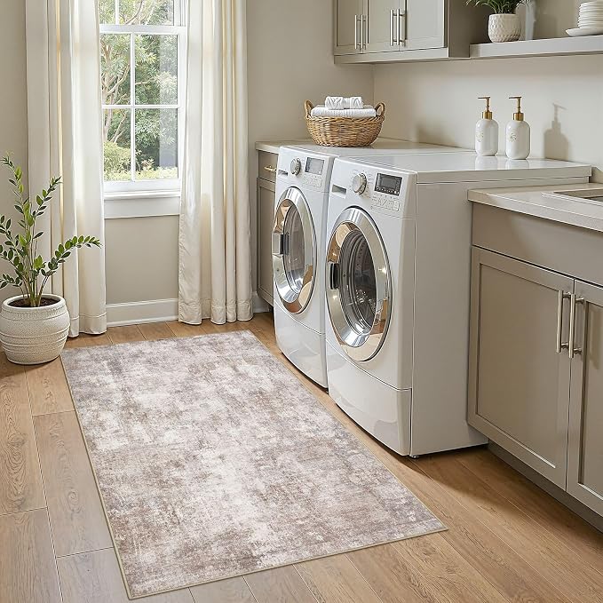 Neutral Washable Area Rug 3x5, Abstract Small Rugs for Entryway | Modern Abstract Carpet, Stain Resistant and Kid & Pet Friendly, Joint-Friendly Indoor Rug, Made for Entryway Bathroom - Brown