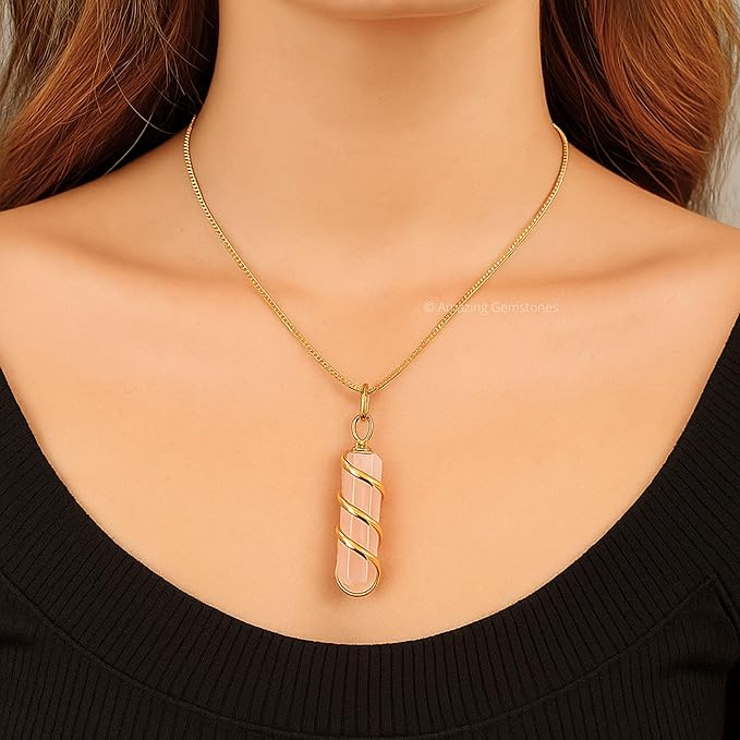 Amazing Gemstone Rose Quartz Crystal Necklace Pendant For Women, Gold Wire Wrapped Dainty Minimalist Healing Crystal Necklaces For Men Unisex Necklace Jewelry Adjustable Chain & Leather Cord